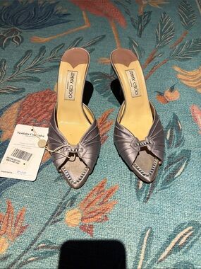Jimmy Choo Silver Satin Pointed-Toe Crystal-Trim Mules